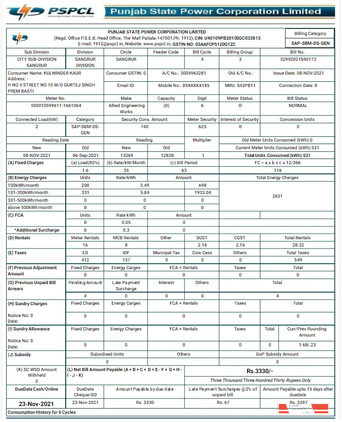 INDIA PSPCL utility bill Word and PDF template